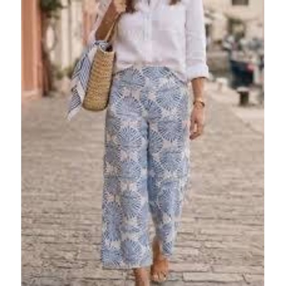 Joie Womens XL Blue Palm Print Wide Leg Linen Blend Pants Elastic Waist Cropped